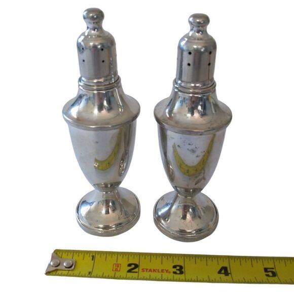 Web Pewter Salt Pepper Shaker Set Amber Glass Lined Weighted Vtg 80s Farmhouse. - Picture 13 of 16
